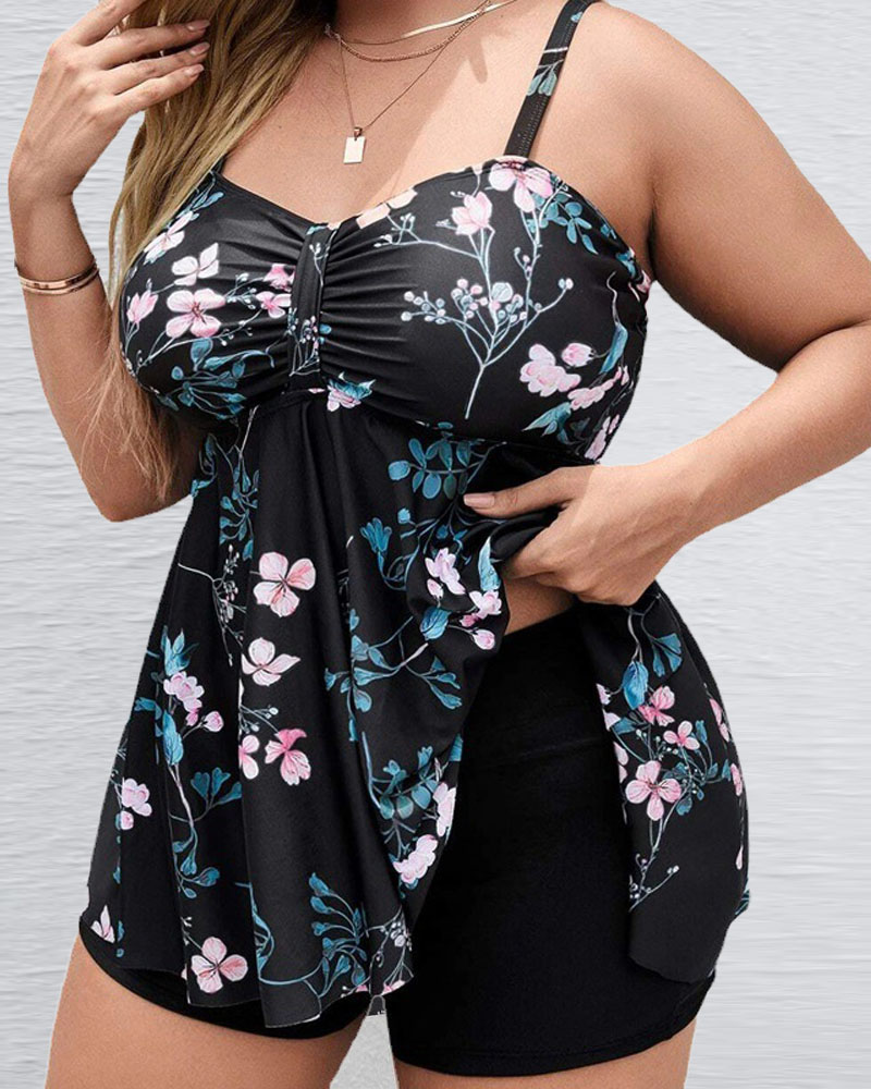 

Plus Size Plants Print Ruched Bust Tankini Set, Black