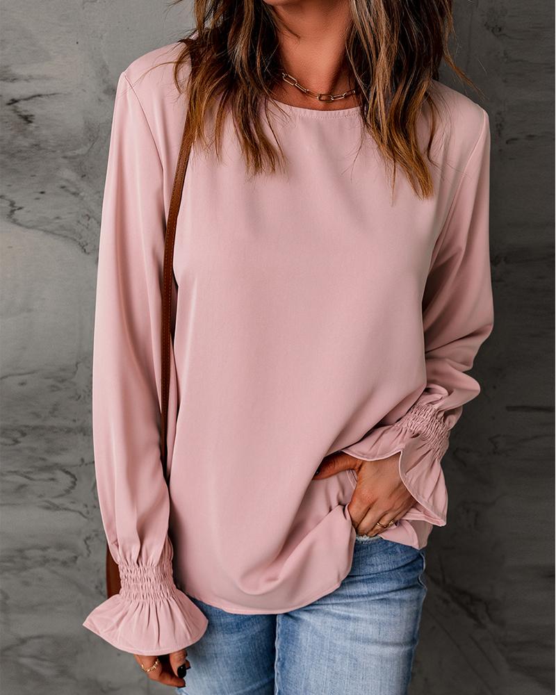 

Plain Flounce Sleeve Casual Top, Pink