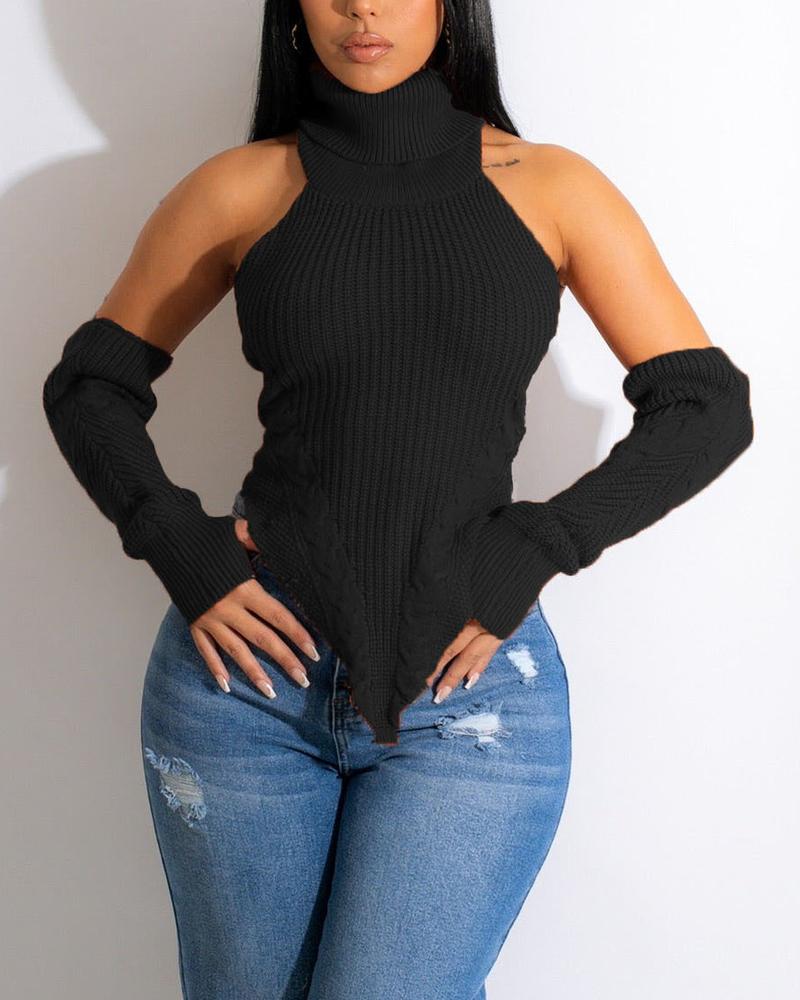

Halter Backless Asymmetrical Cable Knit Sweater With Gloves, Black