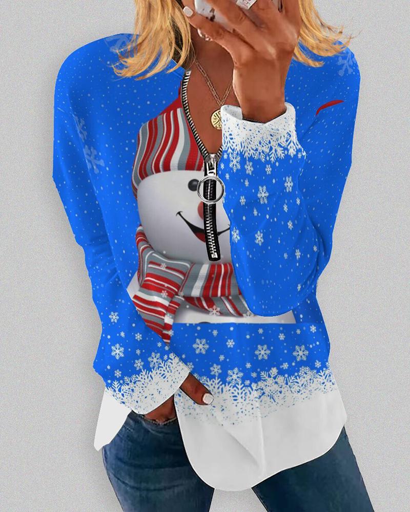 

Christmas Zipper Design Snowman Print Top, Blue