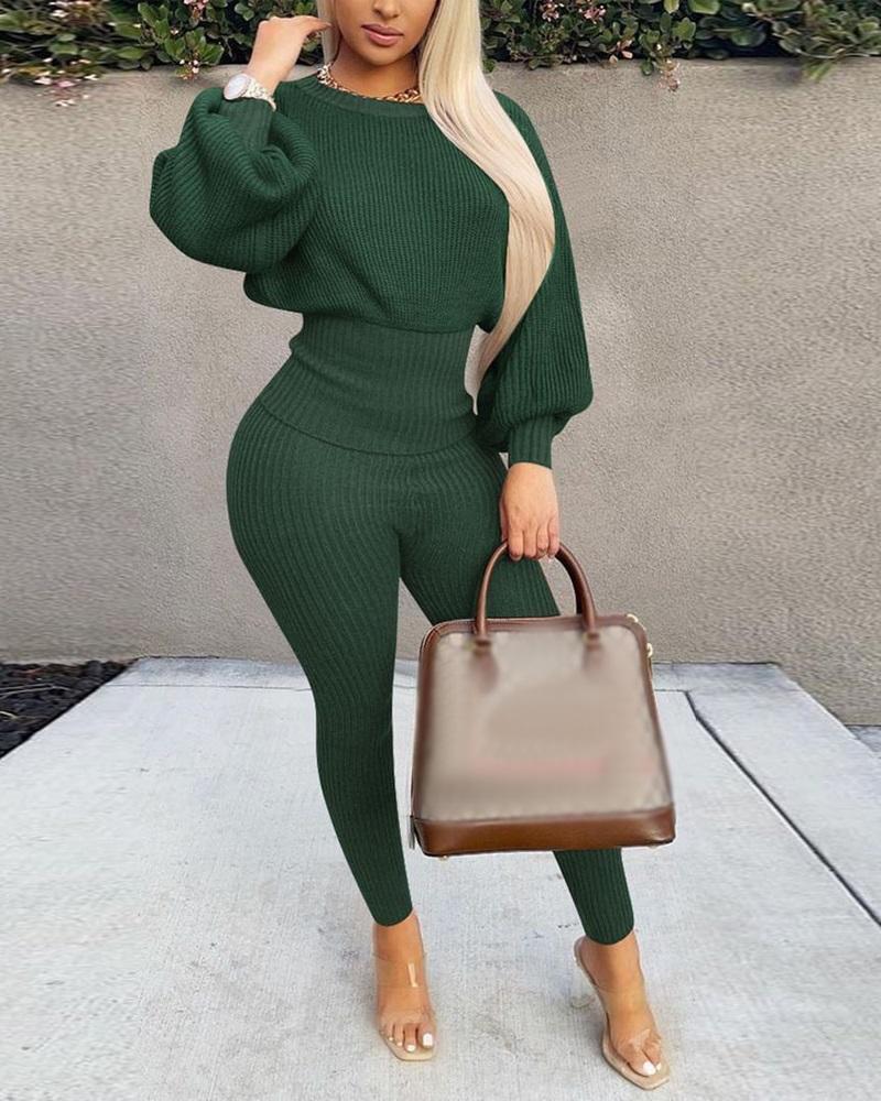 

Lantern Sleeve Sweater & Pants Set, Green