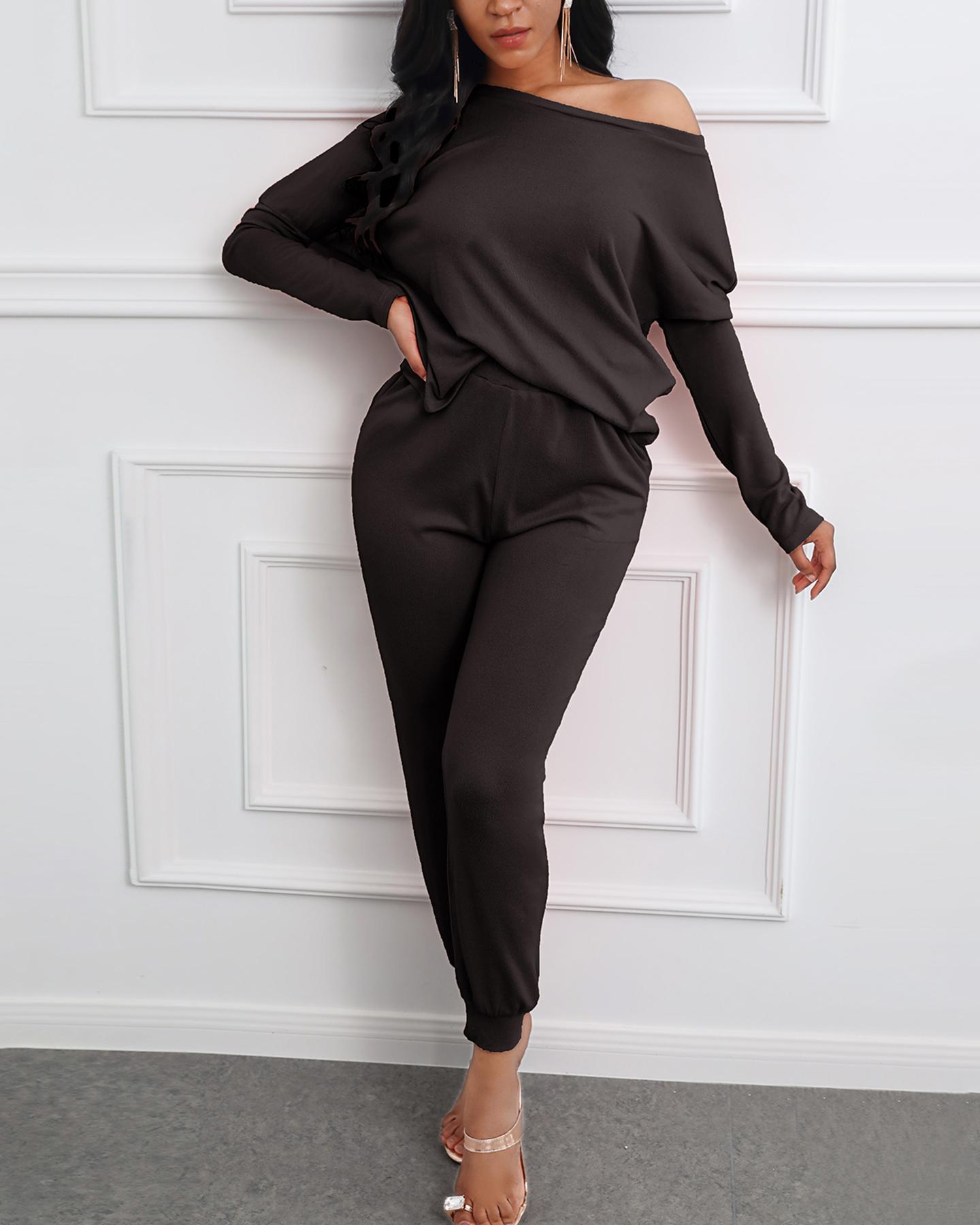 

Solid Long Sleeve Top & Drawstring Casual Pants Set, Black