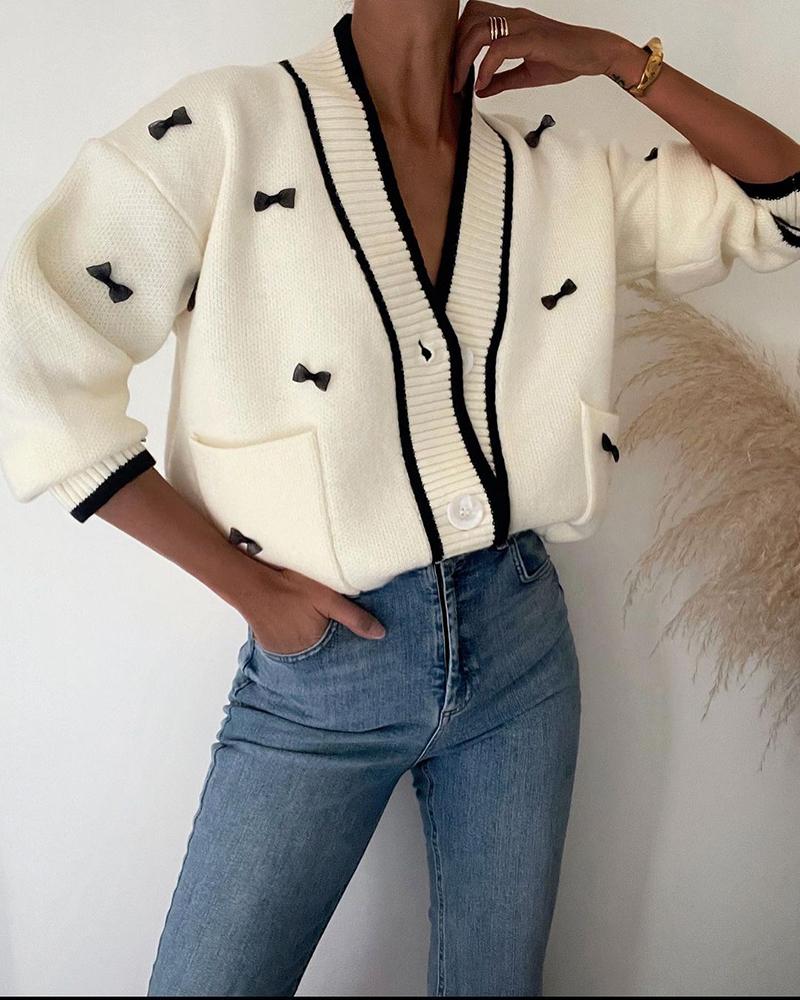 Buy Bowknot Decor Button Front Casual Cardigan. Picture