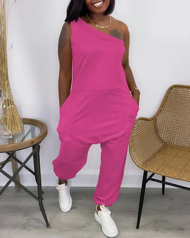 

One Shoulder Pocket Design Casual Jumpsuit, Hot pink