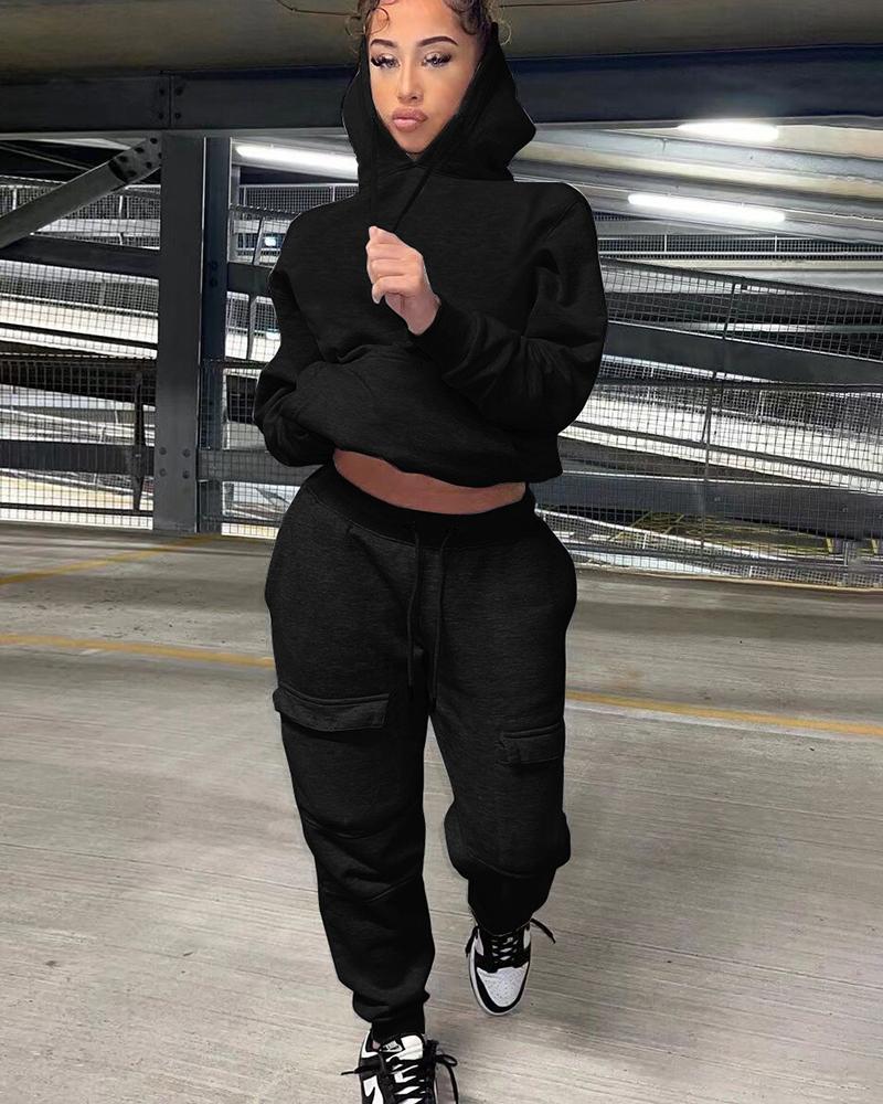 

Pocket Design Hooded Sweatshirt & Drawstring Pants Set, Black