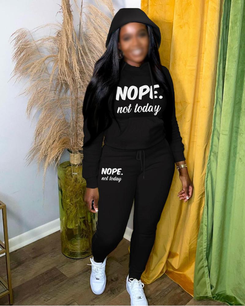 

Letter Print Long Sleeve Drawstring Hoodie & Pants Set, Black