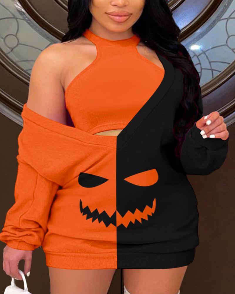 

Plus Size Halloween Scary Face Print Colorblock Tank Top & Casual Dress Set, Orange