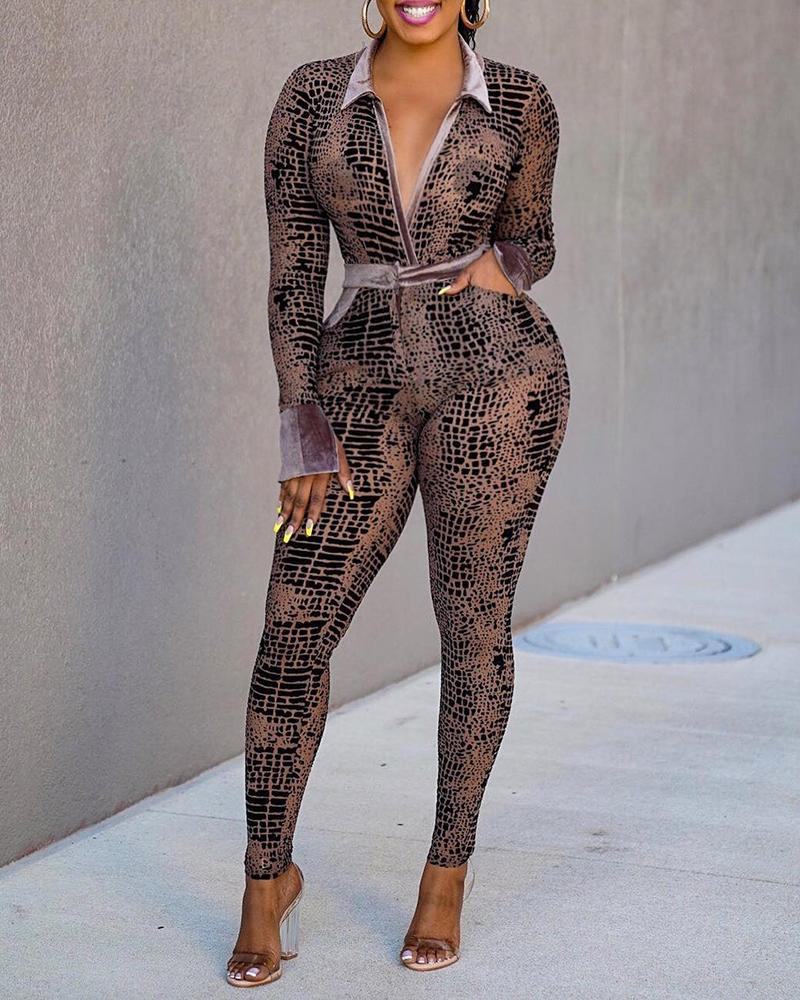 

Snakeskin Print Velvet Patch Pocket Design Skinny Jumpsuit, Brown