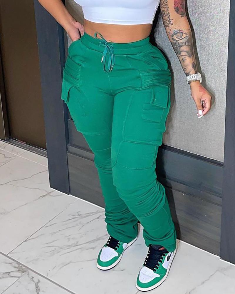 

Drawstring Pocket Design Ruched Pants, Green