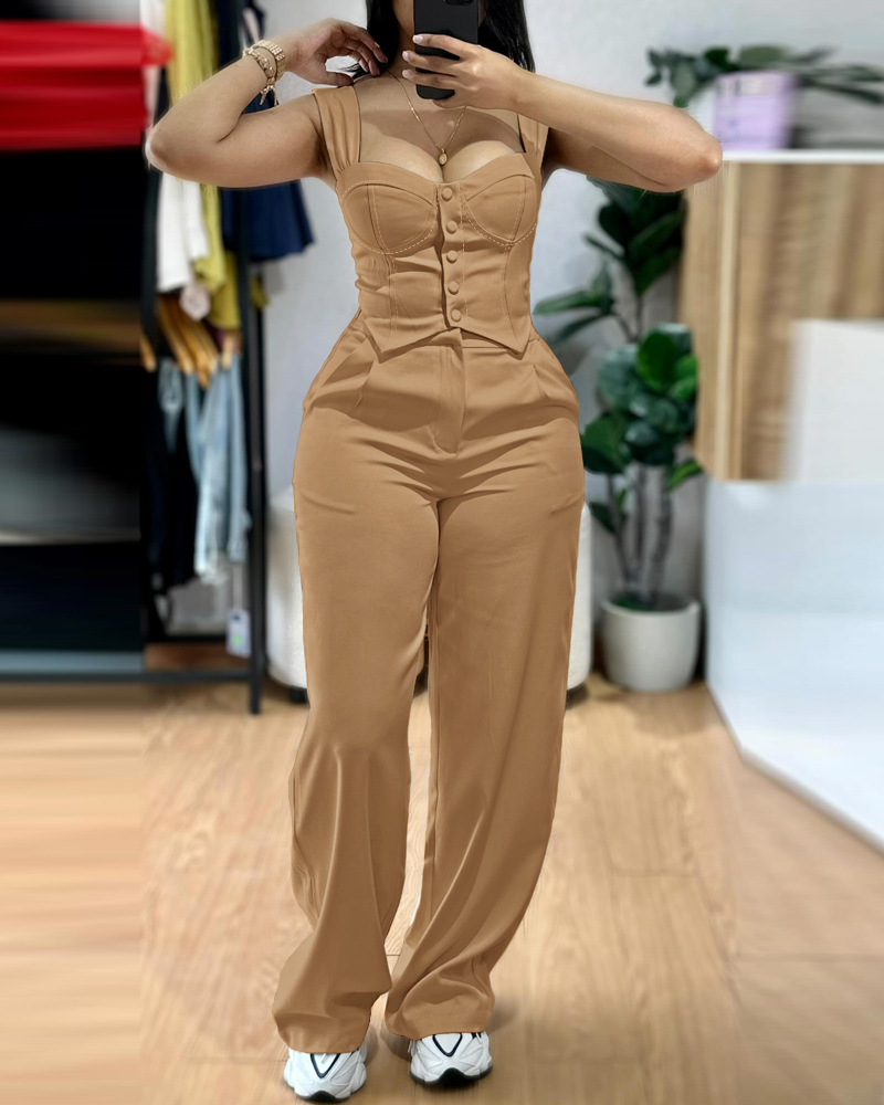 

Conjunto de 2 piezas de camiseta sin mangas ajustada con botones en la parte delantera y tirantes gruesos, pantalones de pierna ancha y cintura alta, conjunto informal, Coffee