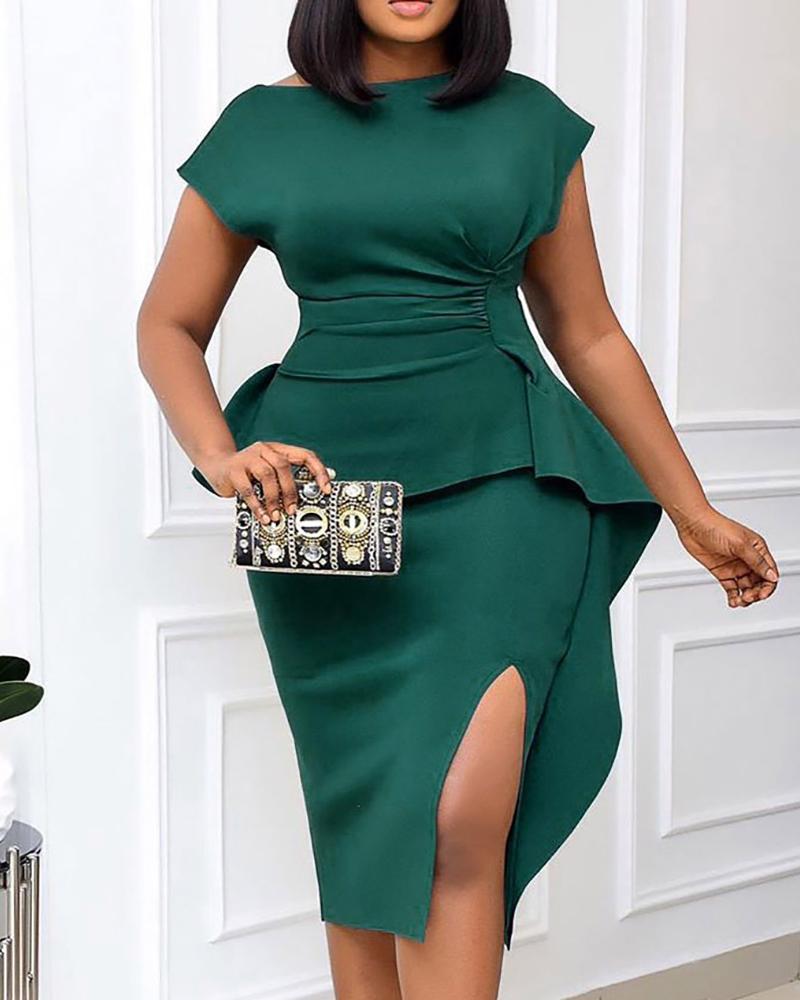 

Plus Size Ruffle Hem Short Sleeve Slit Work Dress, Green