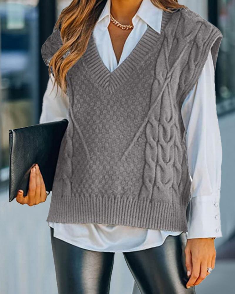 

V-Neck Cable Knit Sweater Vest, Gray