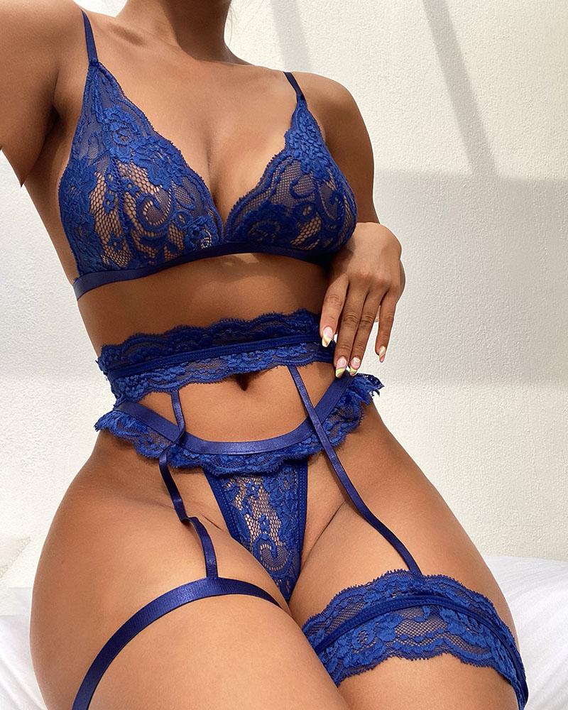 

Crochet Lace Sleeveless Garter Lingerie Set, Blue