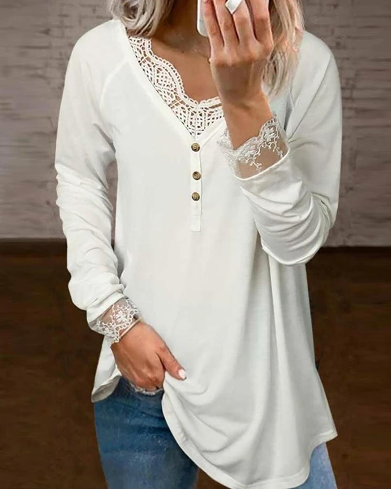 

Long Sleeve Lace Patch Button Decor Top, White