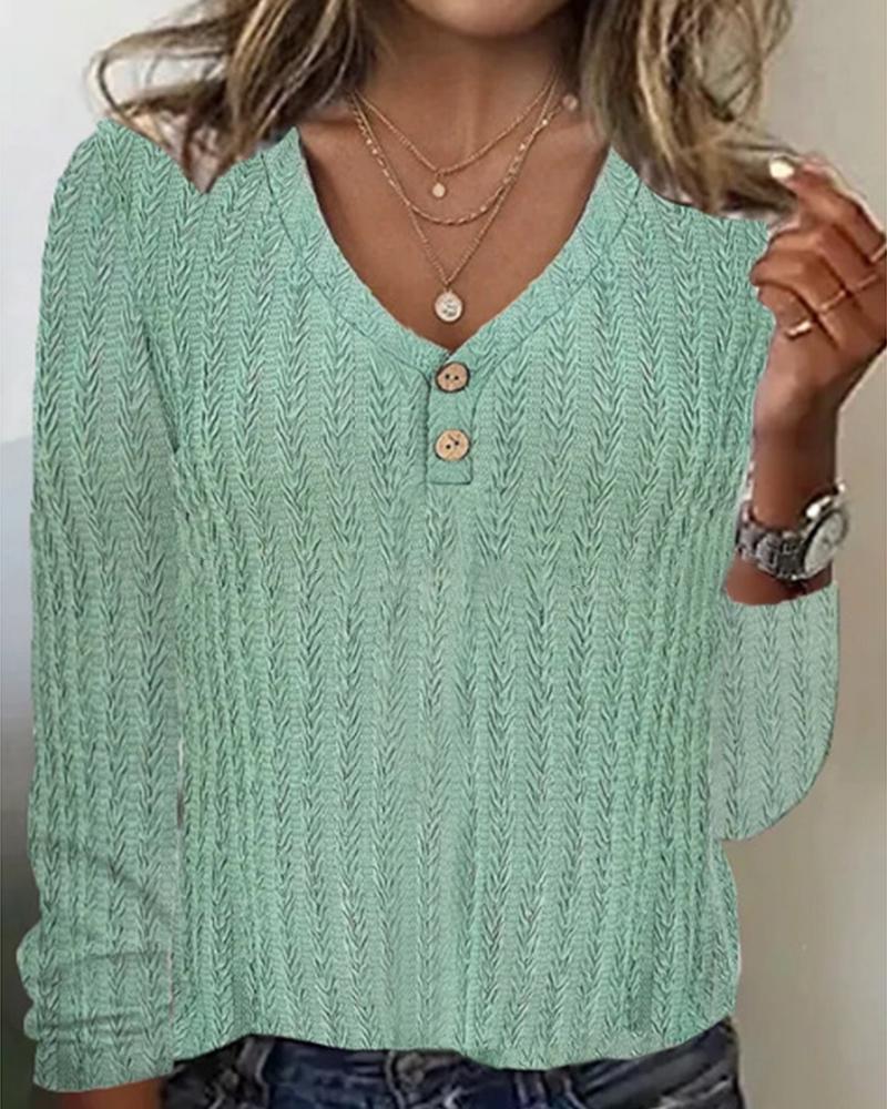 

V-Neck Buttoned Cable Textured Top, Green