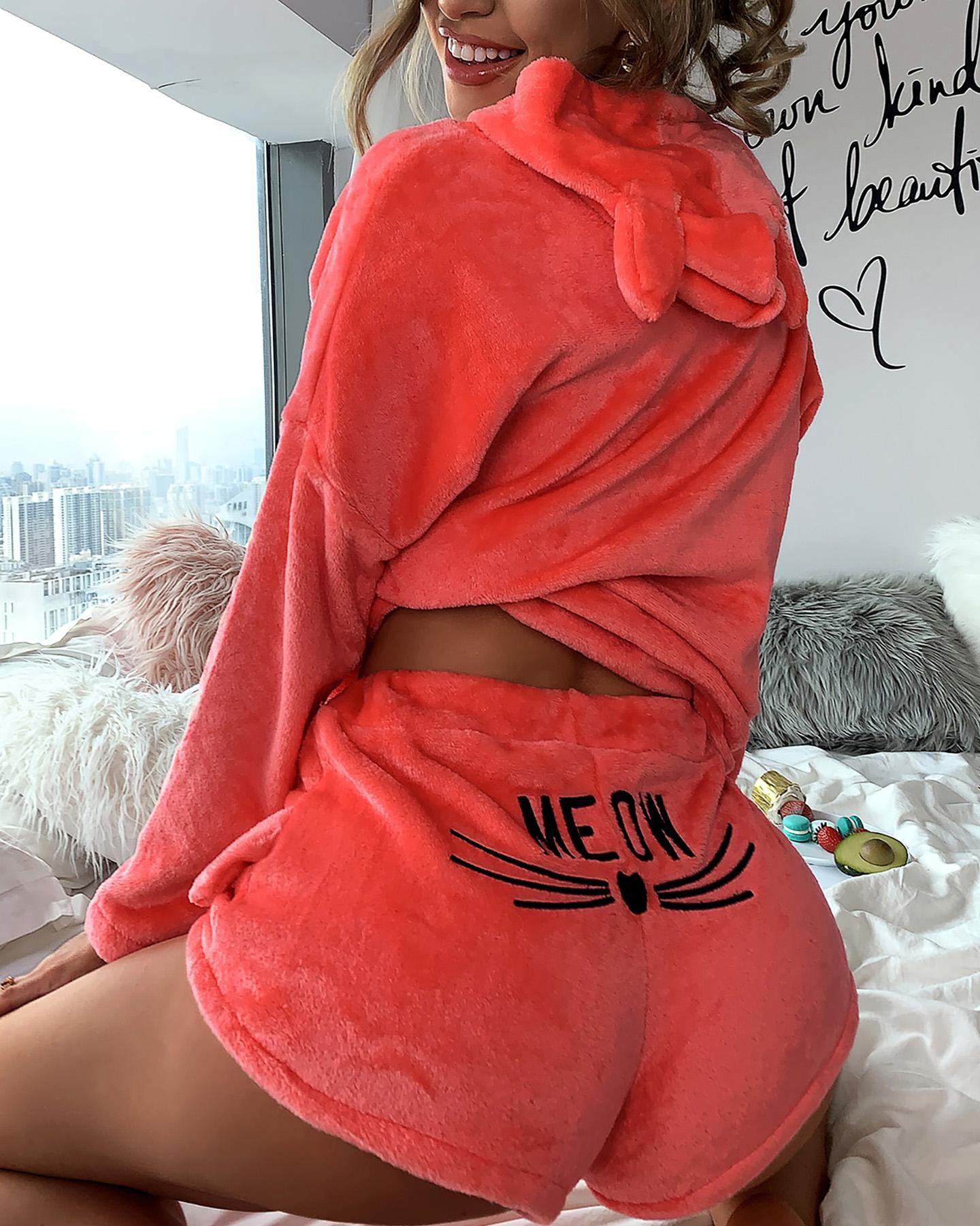 

Fluffy Hooded Coat & Short Sets, Red