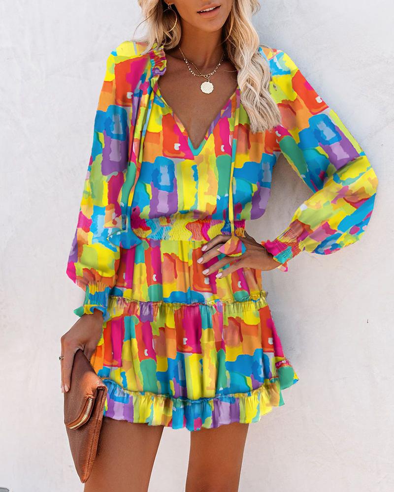 

Tie Dye V-Neck Ruffle Hem Long Sleeve Dress, Multicolor