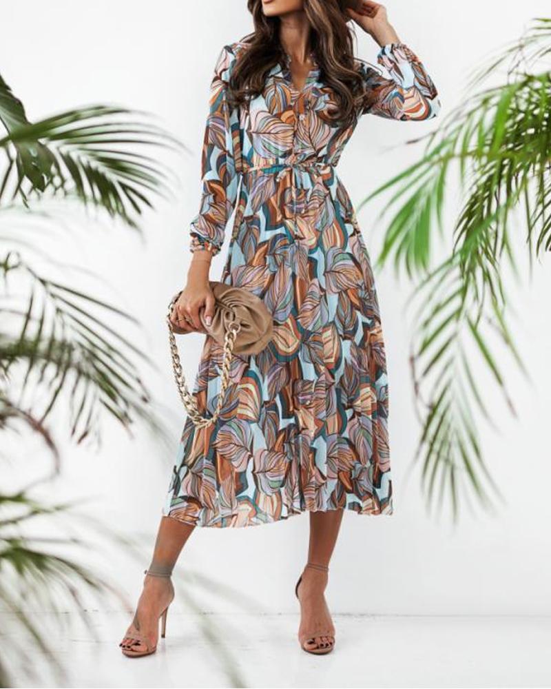 

Plants Print Button Front Pleated Shirt Dress, Blue