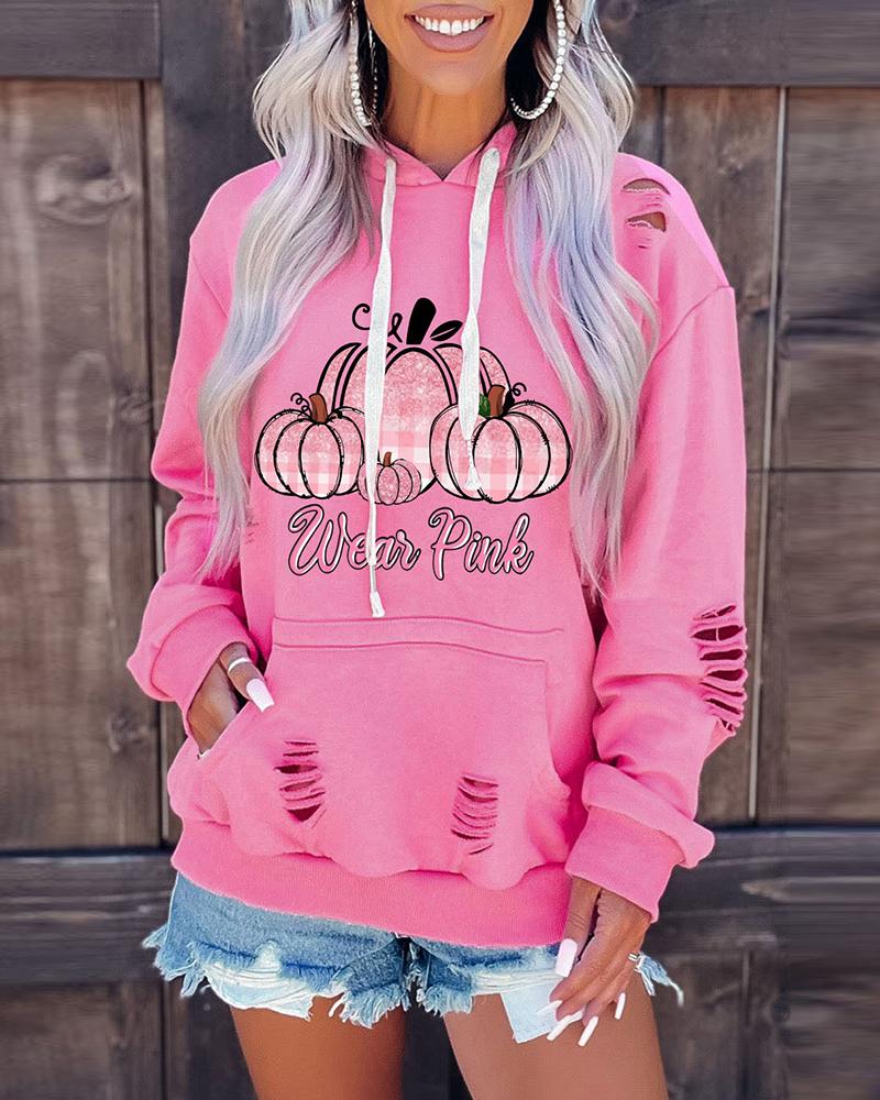 

Halloween Pumpkin Wear Pink Plaid Print Ladder Cutout Hoodie