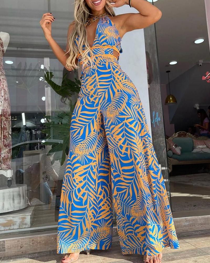 

Plants Print Tied Detail Wide Leg Jumpsuit, Blue