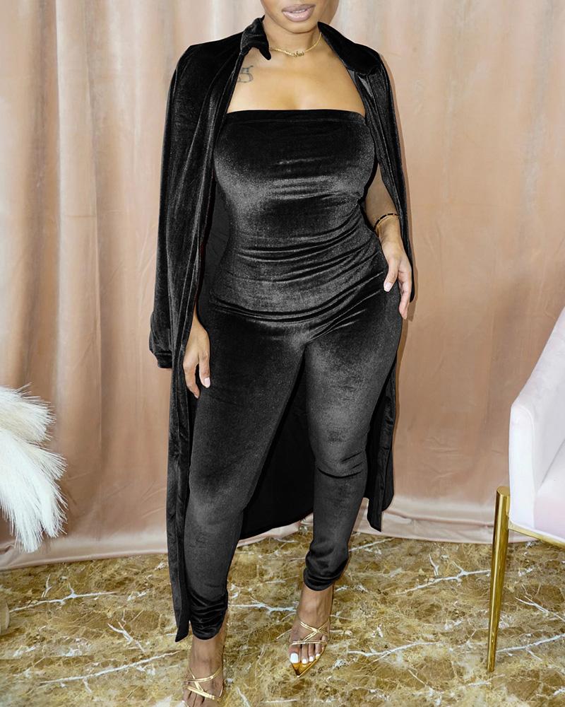 

Velvet Long Sleeve Coat & Bandeau Jumpsuit Set, Black
