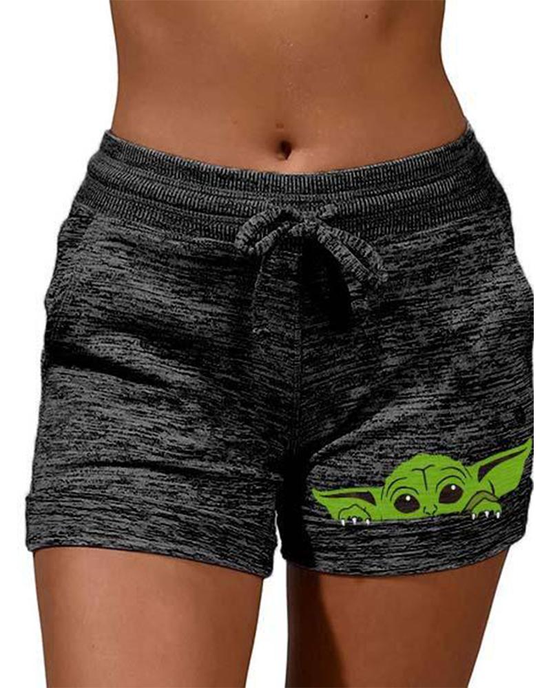 

Solid Color Splicing Cartoon Print Drawstring Short Pants, Black