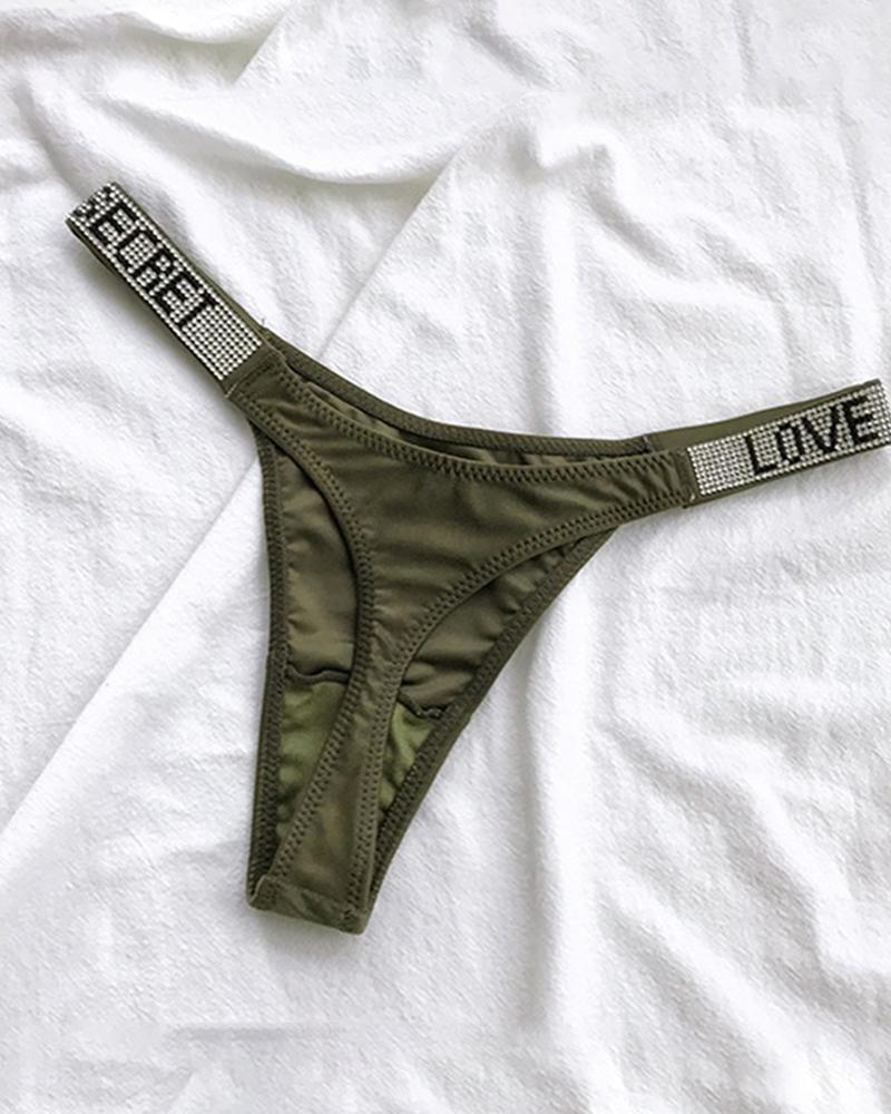 

Letter Pattern Rhinestone Decor Thong Panty, Green
