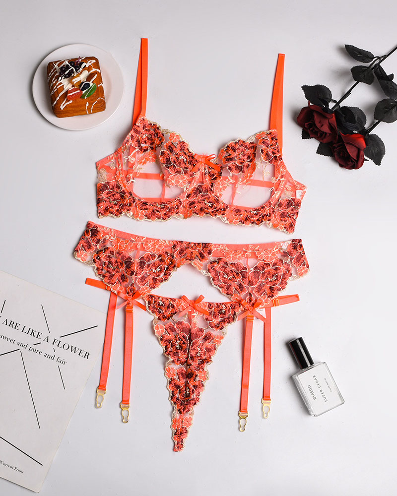 

Embroidery Floral Lace Garter Lingerie Set, Pink