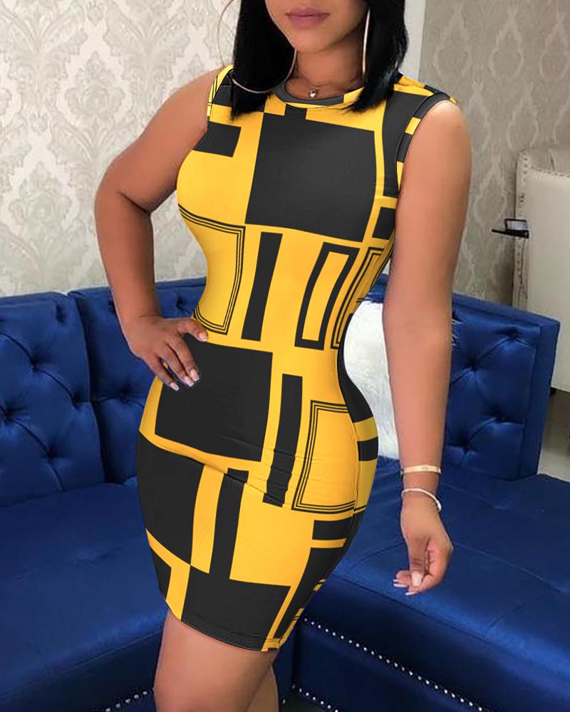 

Colorblock Geo Print Sleeveless Bodycon Dress, Black