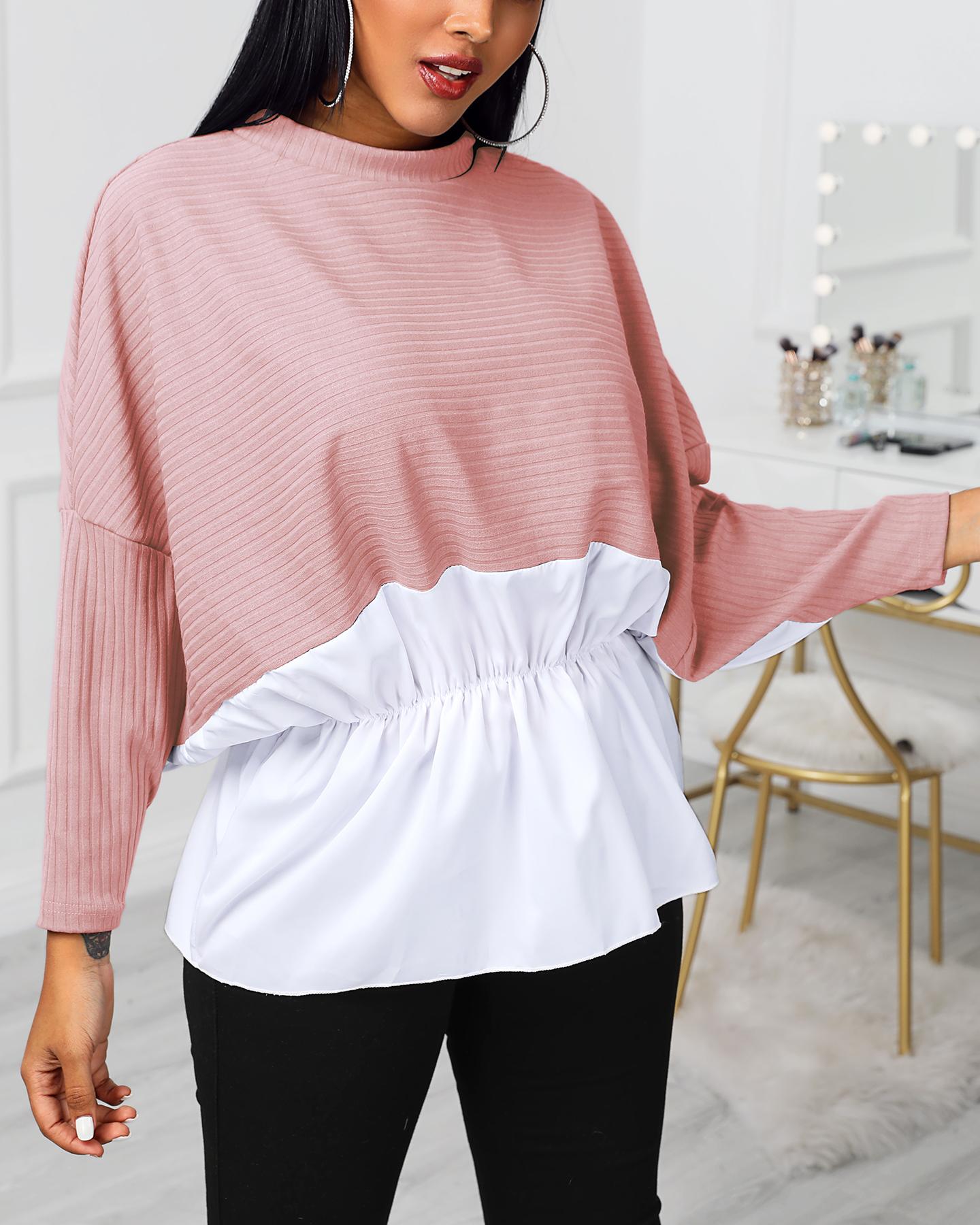 

Colorblock Insert Ruffles Ribbed Batwing Sleeve Blouse, Pink