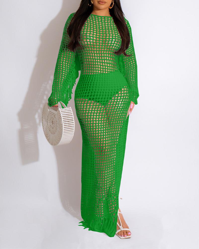 

Hollow Out Tassel Design Crochet Cover Up Dress, Green