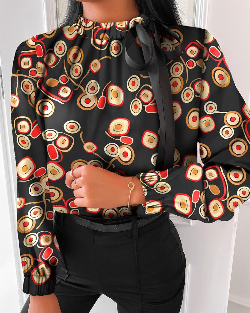 

Tie Neck All Over Print Long Sleeve Blouse, Black