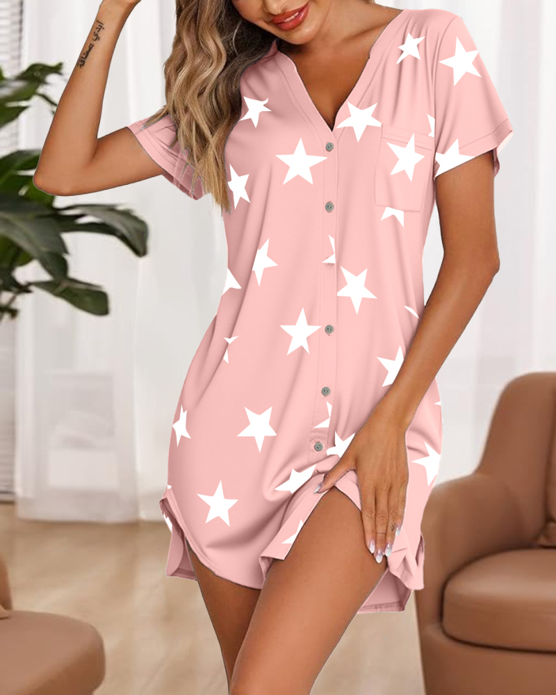 

Star Print Notch Neck Button Down Side Slit Nightgown Casual Pocket Design Mini Sleep Dress, Pink