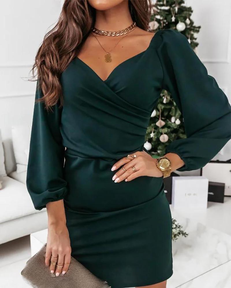 

Lantern Sleeve Ruched Bodycon Dress, Green