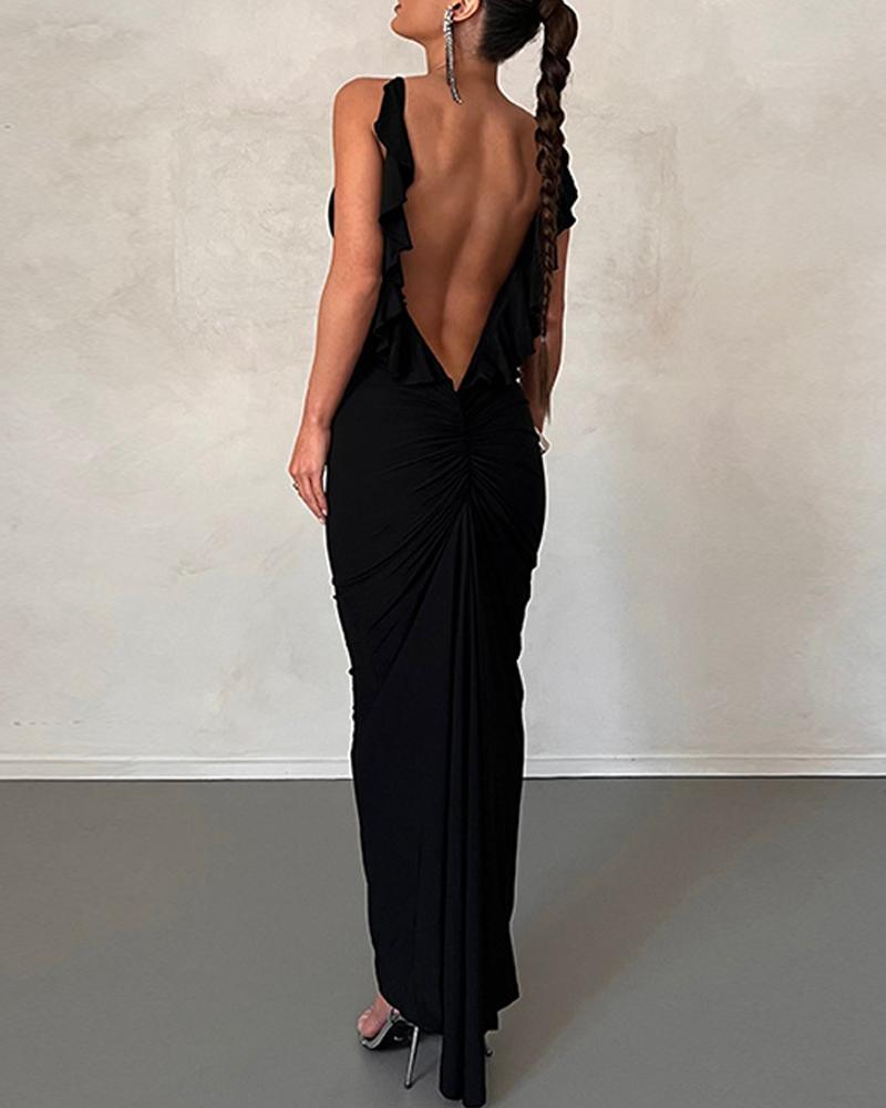 

Backless Ruched Spaghetti Strap Asymmetrical Evening Dress, Black