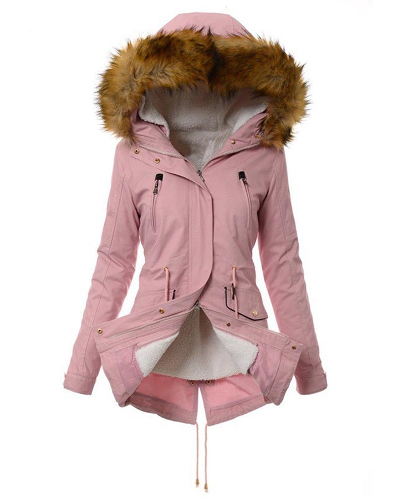 

Women' Parka Casual Winter Long Coat Drawstring Zipper Pocket Design Lined Hooded Faux Fur Collar Jacket, Pink