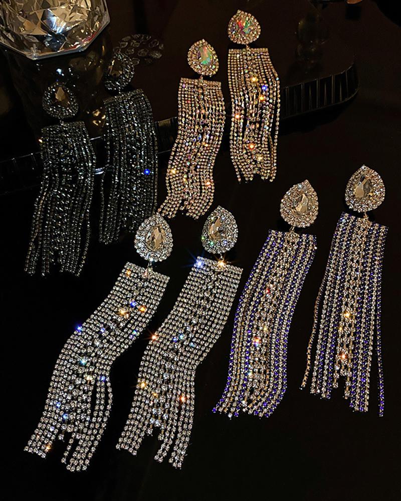 

1Pair Rhinestone Tassel Water Drop Earrings, Gold