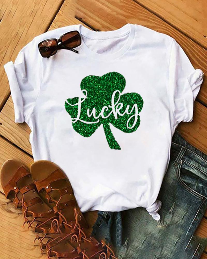 

St. Patrick' Day Lucky Shamrock Print Casual T-shirt, White