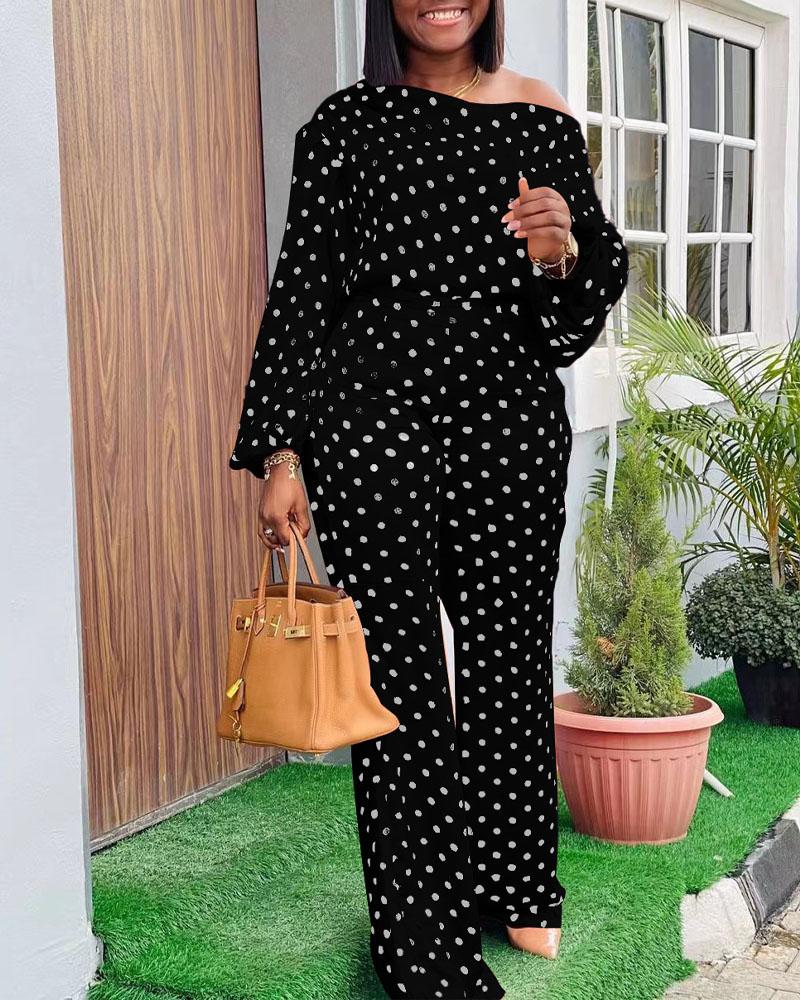 

Polka Dot Print Lantern Sleeve Top & Pants Set, Black