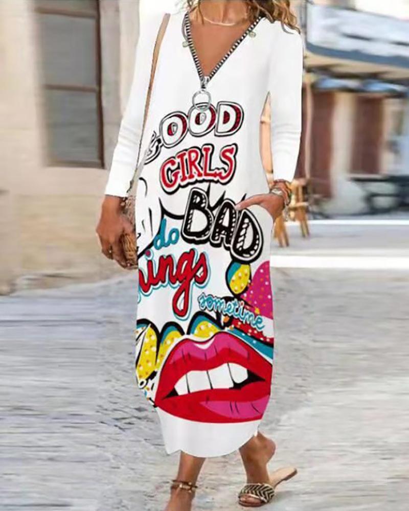 

Zip Front Pocket Design Lip Letter Print Dress, White