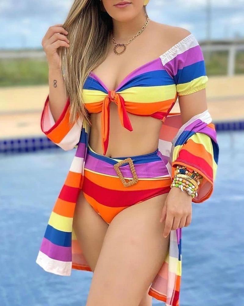 

3PCS Buckle Tied Detail Striped Print Bikini Set With Cover Up, Multicolor