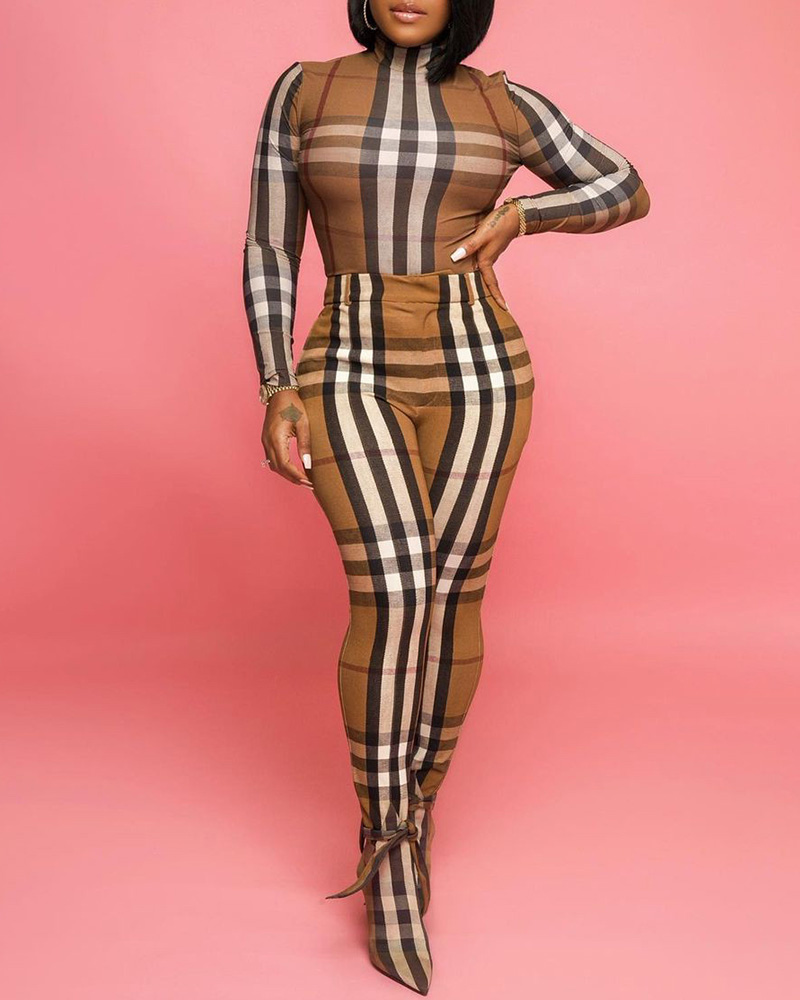 

Plaid Print Mock Neck Top & High Waist Pants Set, Khaki