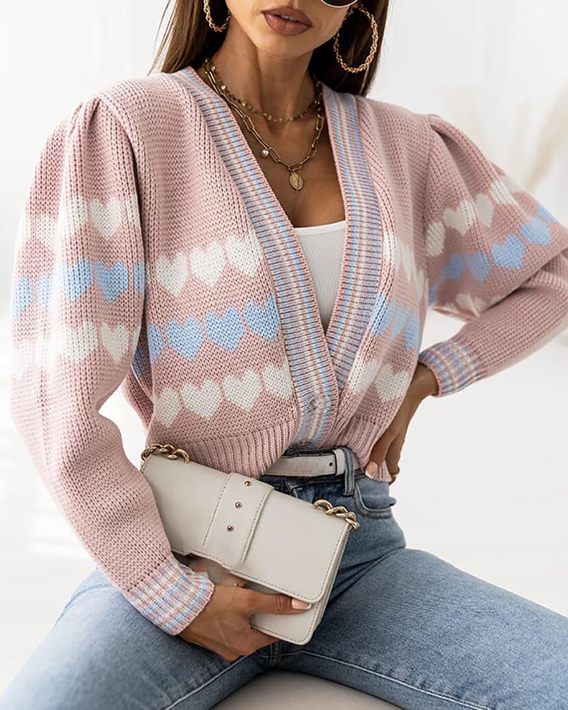 

Heart Pattern Long Sleeve Crop Knit Cardigan, Pink