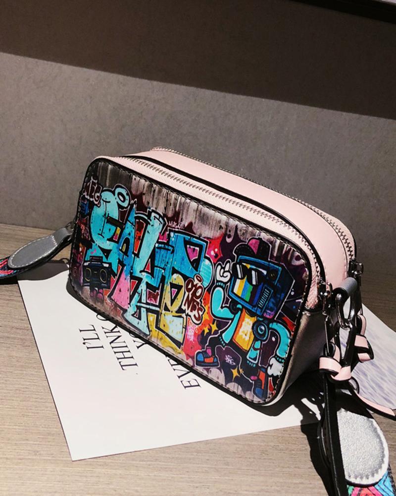 

Cartoon Letter Graphic Zipper Design Shoulder Bag, Pink