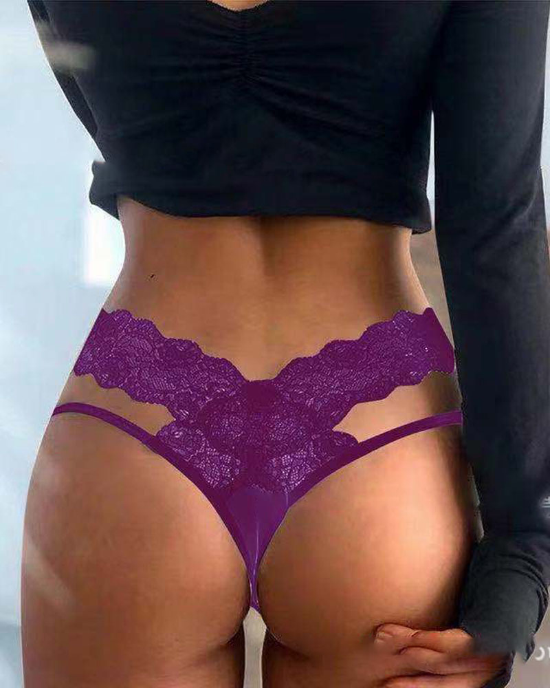 

Cutout Contrast Lace Thong Panty, Purple