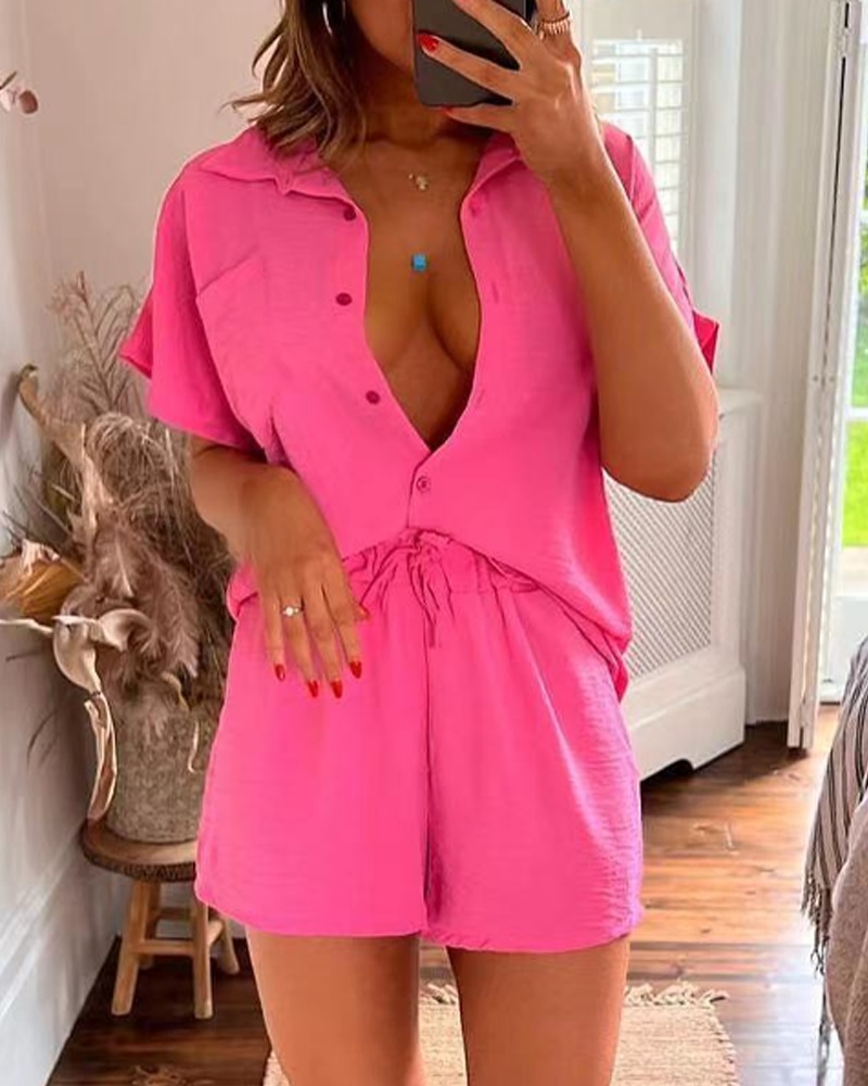 

Buttoned Short Sleeve Shirt & Drawstring Shorts, Pink