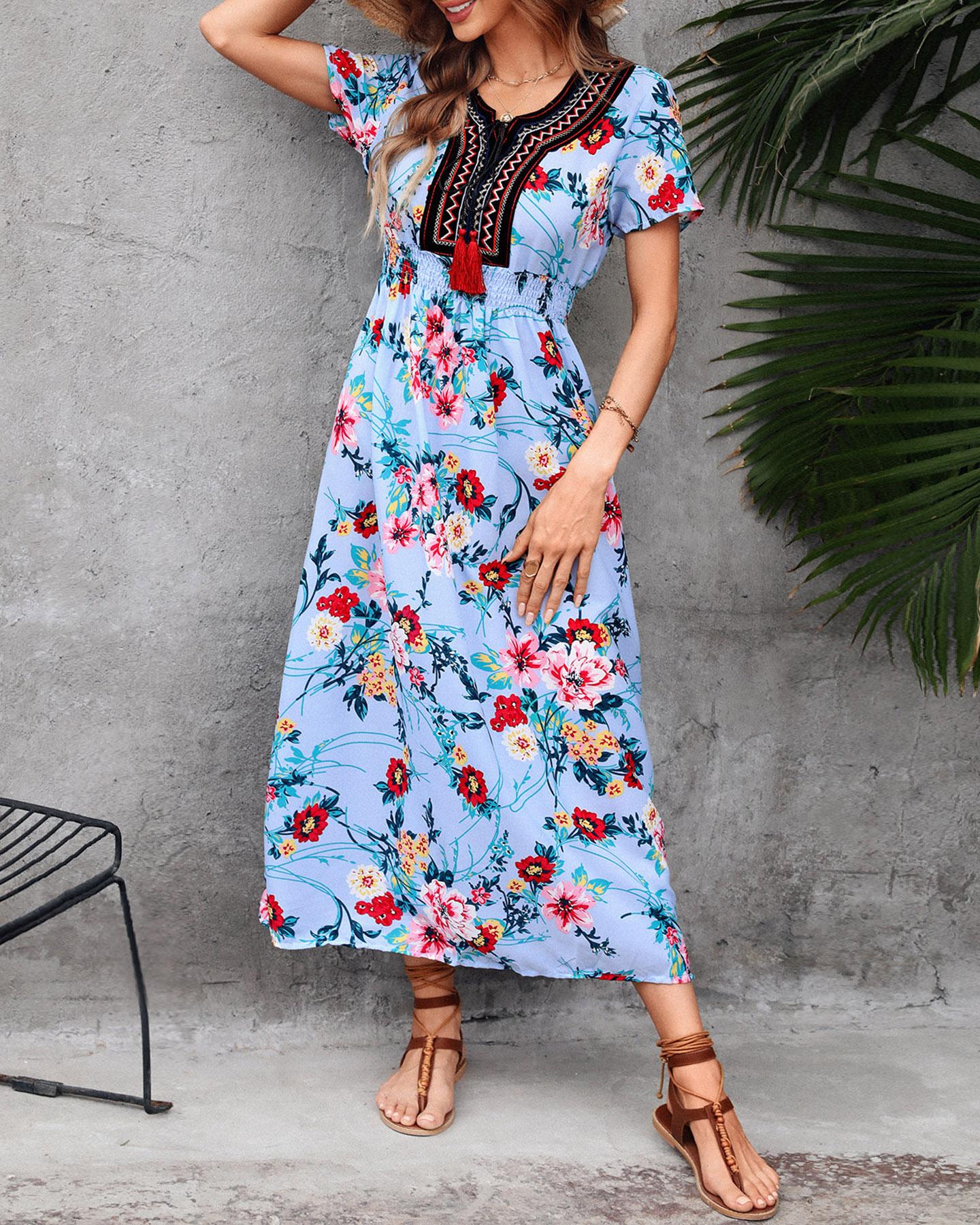 

Shirring Waist Tassel Design Floral Print Dress, Style1