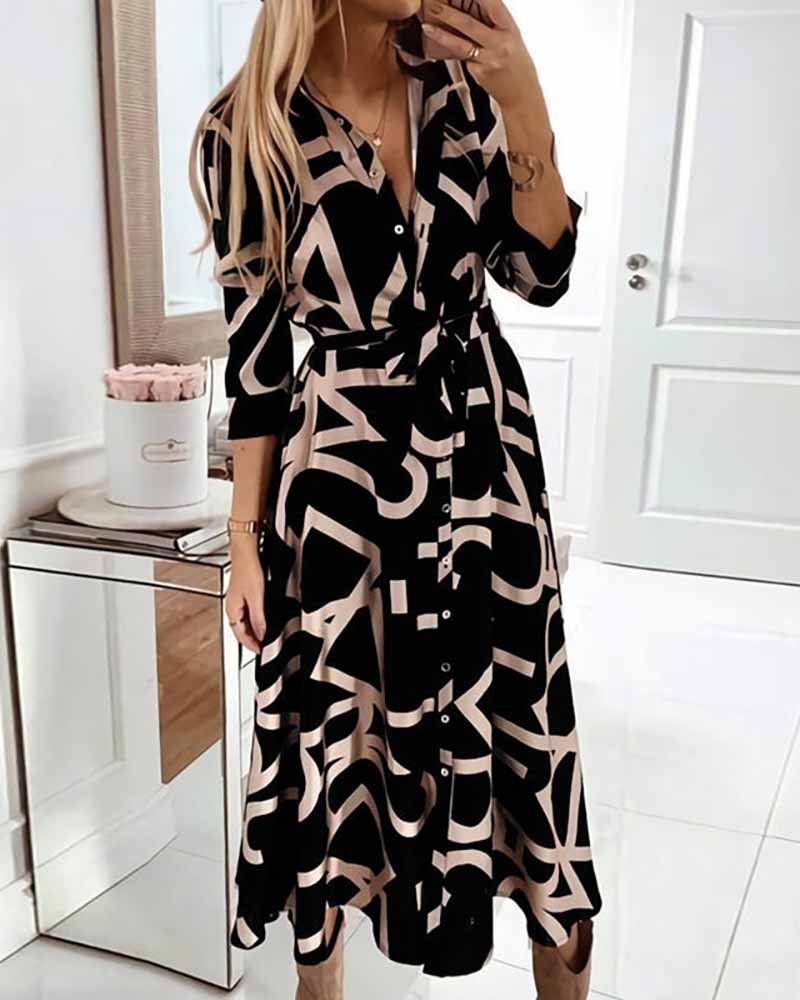 

Letter Pattern Print Button Design Tied Detail Shirt Dress, Black