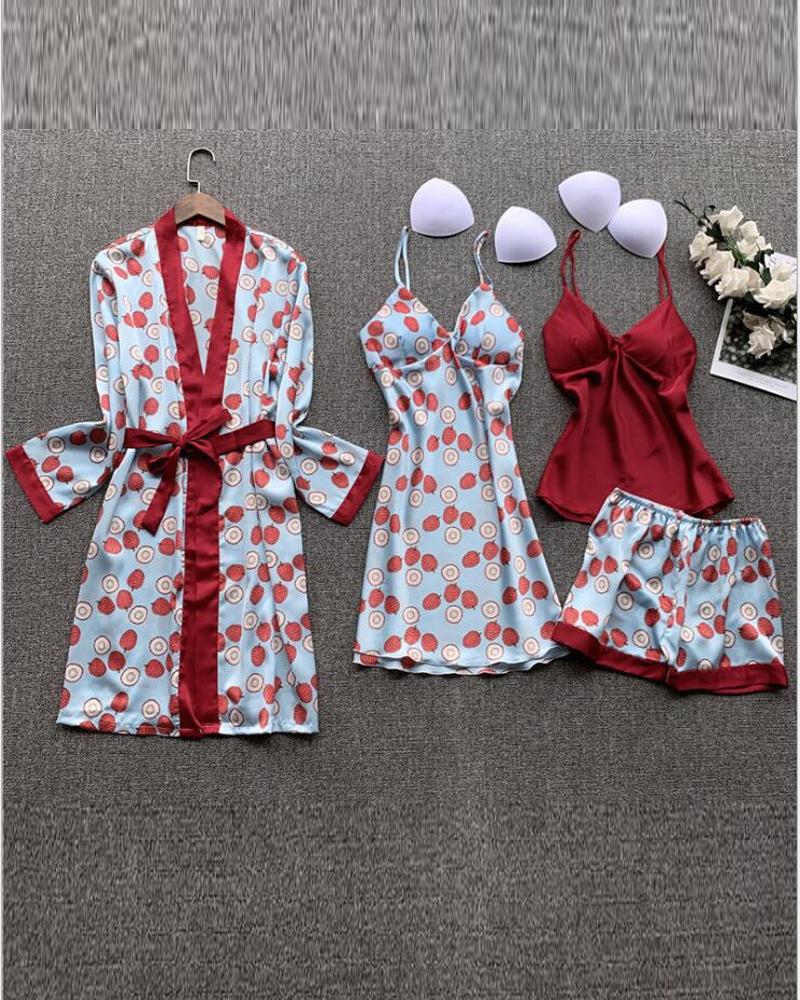 

4PCS Strawberry Print Padded Cami Set With Nightdress & Belted Robe, Style2
