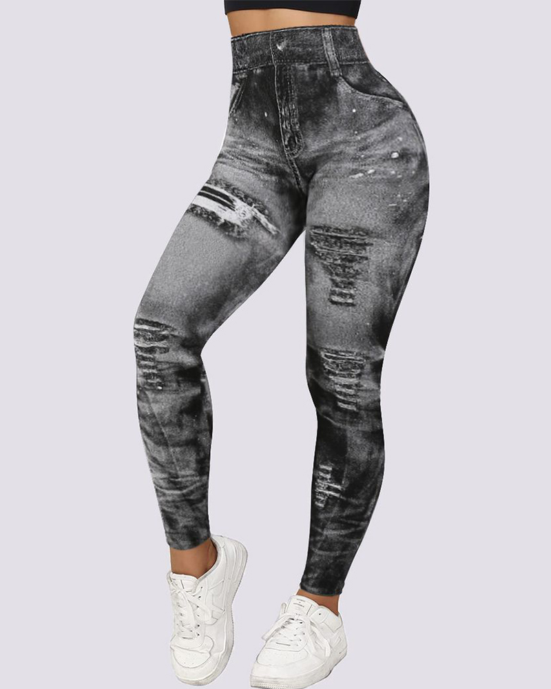 

Denim Look Print Tight Cropped Leggings, Gray